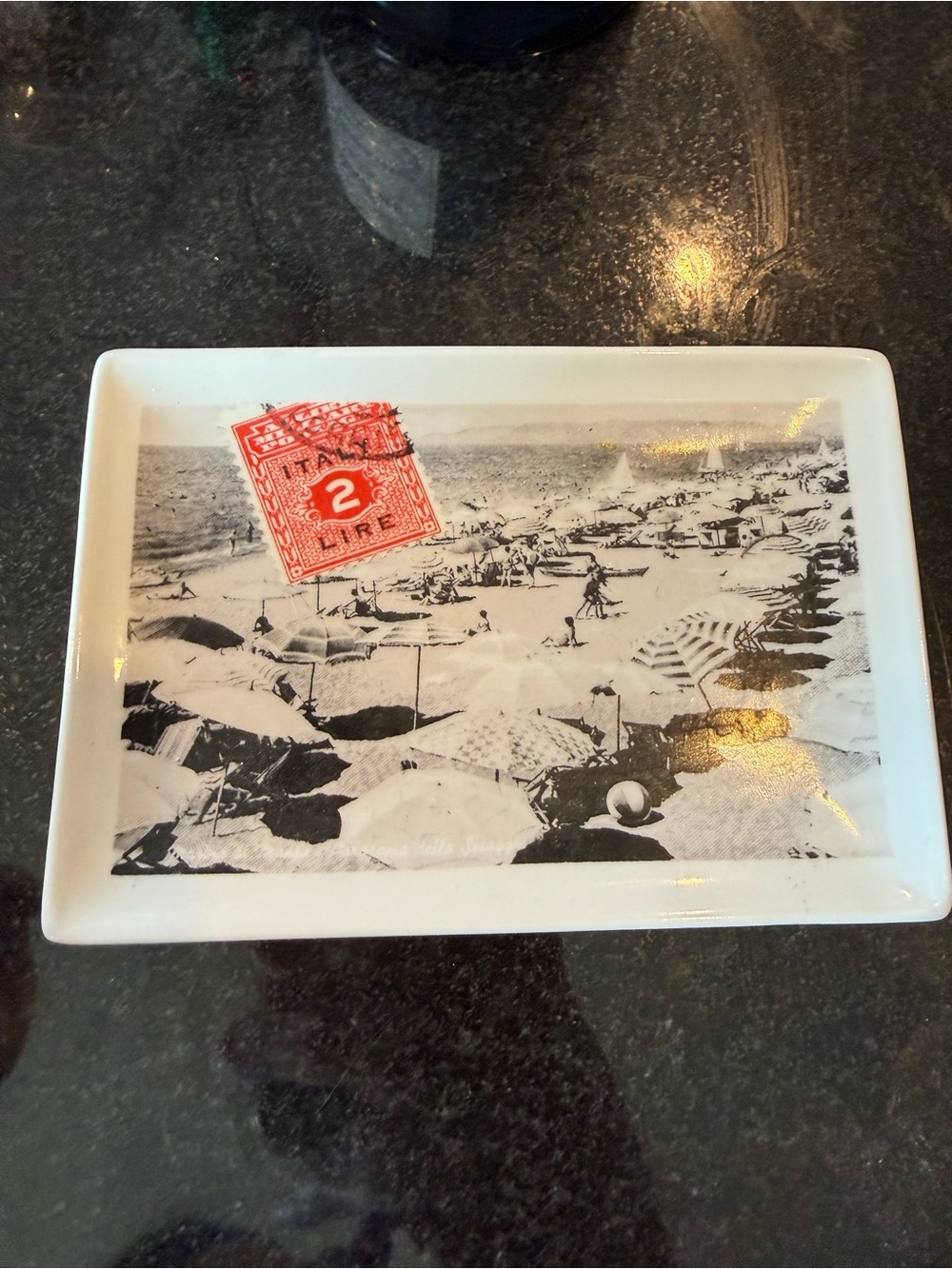 Vintage Italy Beach Scene Trinket Dish with Red Stamp Accent